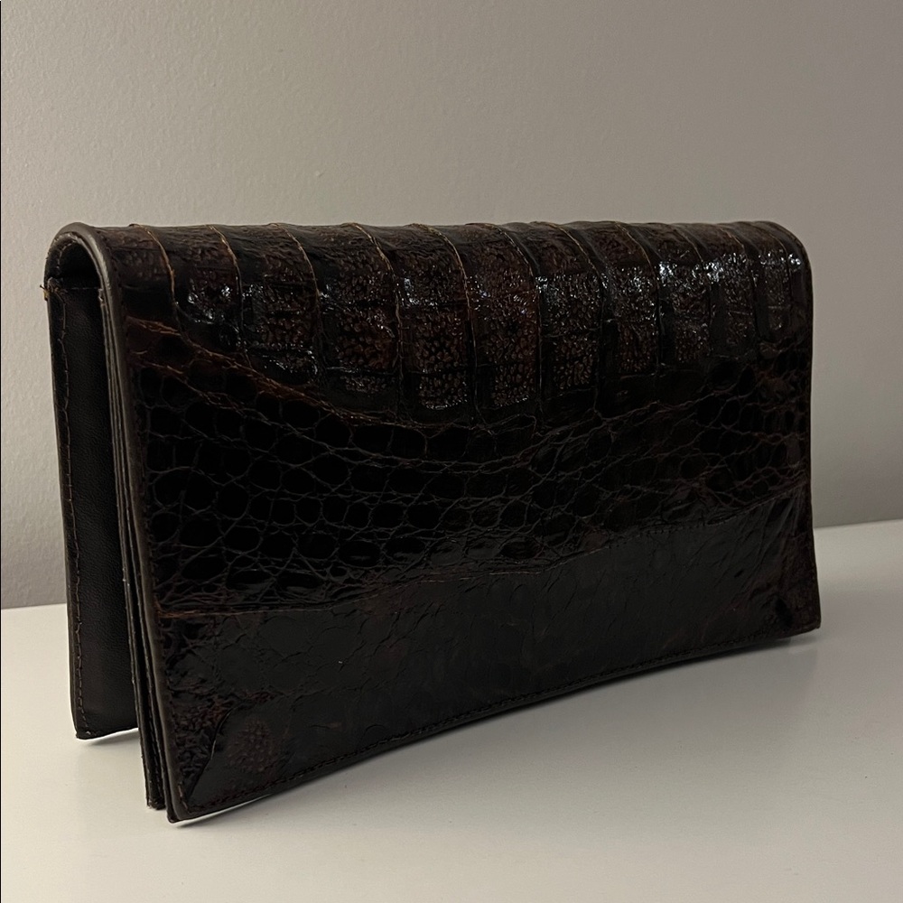 Elegant Brown Crocodile-Embossed Clutch